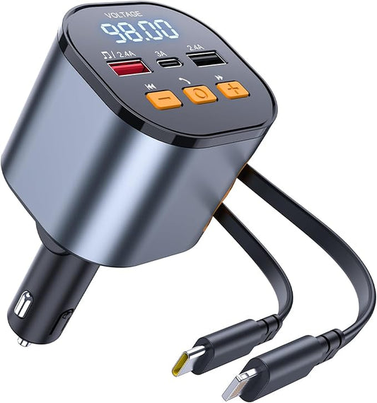 [2025 Upgraded] 81W Retractable PD Car Charger with Bluetooth 5.3, FM Transmitter, Hands-Free Calling, MP3 Player, USB & LED Display – USB-C Bluetooth Adapter for All Phones