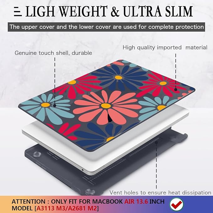 CISSOOK Compatible with MacBook Air 13 inch Case 2025 2024 2023 2022 Release M4 M3 M2 Chip, Plastic Hard Shell Cover Keyboard Skin for MacBook Air 13.6 inch A3240 A3113 A2681, Daisy Flowers