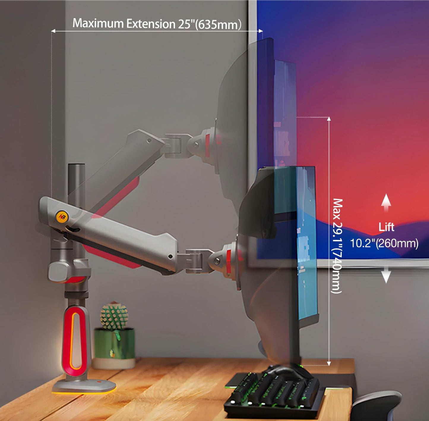 NB Extra Height Gaming Monitor Arm for 32 to 60 Inches Screen, Load up to 20 kg, VESA 75/100, RGB-Light, Heavy Duty, Multi Angle Adjustable, Premium Aluminum, Long Arm Extension Red