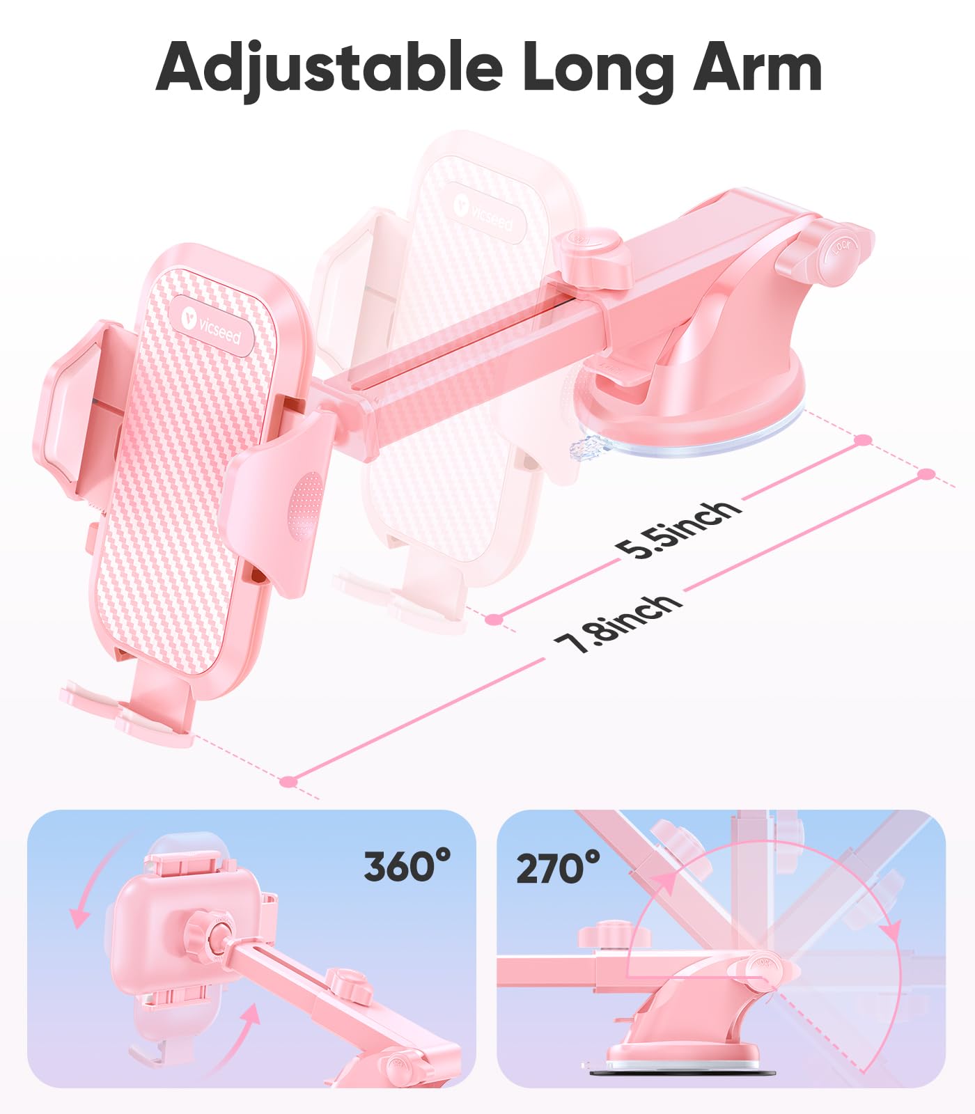 VICSEED Pink Phone Holders for Your Car, [True Military-Grade Shockproof Strongest Suction Power], 3-in-1 Dashboard Windshield Vent, Truck Boat Stand Cell Phone Mount for iPhone Android All Phones
