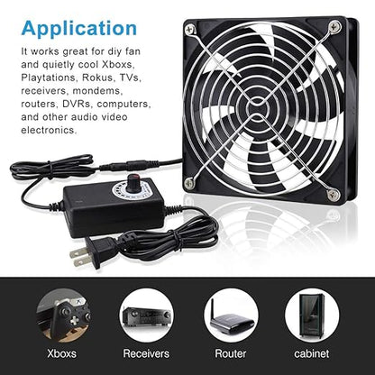 Wathai 120mm x 25mm AC Powered Computer Fan with AC Plug 110V 120V 220V 240V Variable Speed Controller 3V to 12V, for Biltong Box Greenhouse Receiver Amplifier Xbox DVR PlayStation Component Cooling