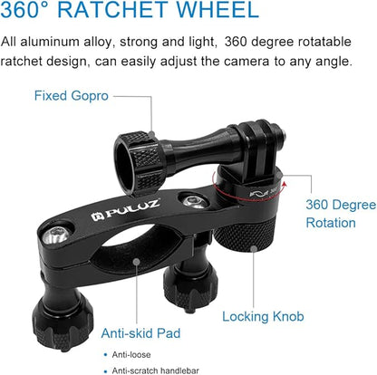 PULUZ Bike Motorcycle Handlebar Mount, 360 Degree Rotation Aluminum Bicycle Moto Camera Mount for GoPro Hero 12 11 10 9 8 7 6 & DJI Osmo Action