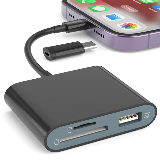 SD Card Reader for iPhone, Memory Card Reader with USB-C to Light-ning Adapter Plug and Play Trail Game Camera Micro SD Card Viewer Support SD/TF Card and USB for iPad No App Required (Black)