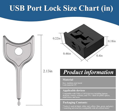 7 PCS USB Port Blockers with 1 Locks for PC, Laptop Removable Type-A Data Protection,Dust & Moisture Resistant Shield（Mixed Colors Packs Svailable for Port Sorting）