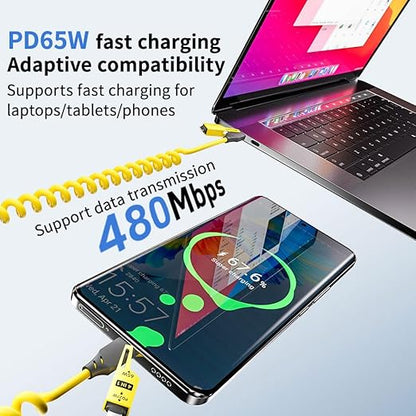 4 in 1 Spring Fast Charging Cable (2Pack), 65W USB-C PD Multi Fast Charging, 1.2m/4ft Coiled Retractable Cable for iPhone Samsung Laptop - Yellow+Green