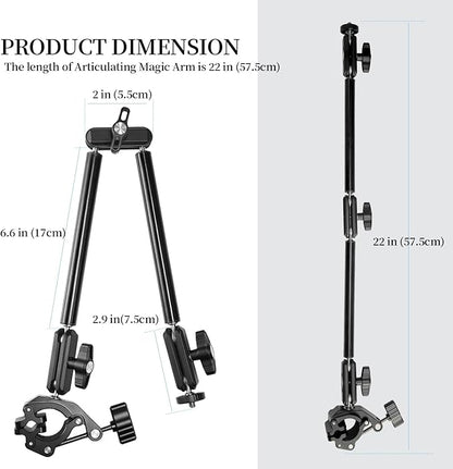 FIFIELD 22" Magic Arm with Super Clamp Overhead Camera Mount for Camera, 1/4” Threads Adjustable Desktop Stand Holder Compatible with Phone Microphone Webcam Action Camera Video Light