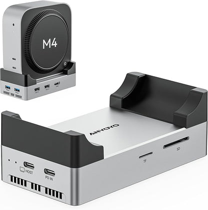 ANYOYO Mac mini M4 Dock and Stand, 10-in-1 Aluminum USB-C Hub with M.2 NVMe SSD Enclosure, 4K 60Hz Dual HDMI, 10 Gbps USB-C/A, 30W PD-in, Smart Fan Cooling, Wi-Fi Signal Friendly Design, Silver