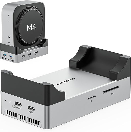 ANYOYO Mac mini M4 Dock and Stand, 10-in-1 Aluminum USB-C Hub with M.2 NVMe SSD Enclosure, 4K 60Hz Dual HDMI, 10 Gbps USB-C/A, 30W PD-in, Smart Fan Cooling, Wi-Fi Signal Friendly Design, Silver