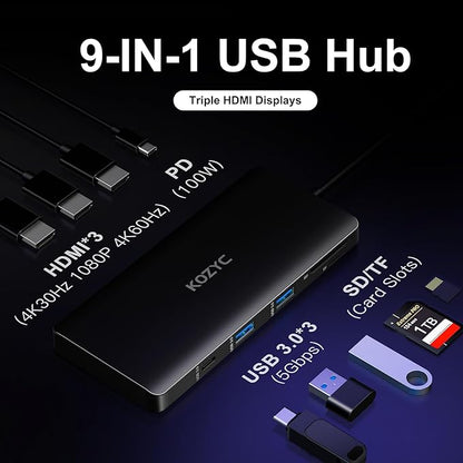 USB C Docking Station 3 Monitors Compatible with Mac/Windows, KOZYC Triple Display Docking Station with 3xHDMI(4k60Hz/30Hz+1080p), 3xUSB 3.0, SD/TF, 100W PD with HDMI Splitter Extend Display 3 Monitor