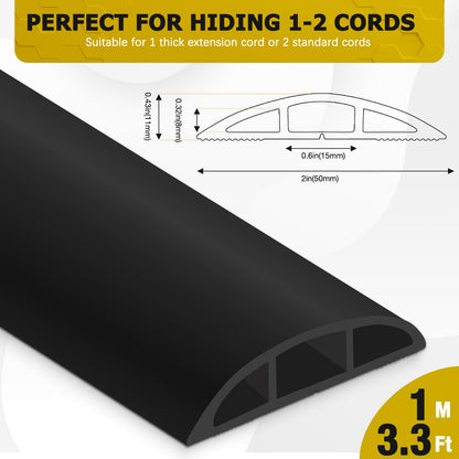 JAHOMFAI Floor Cord Cover 3.3FT Cord Covers for Wires on Floor Protect Wires & Prevent Trip Hazards, Easy to Cut for Home, Office, School, Concerts, Cavity W0.6in x H0.32in