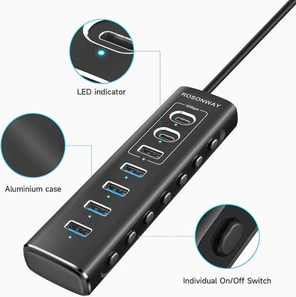 Powered USB Hub, Rosonway 7-Port USB 3.2/USB C Hub with 10Gbps USB-A 3.2, 2 USB-C 3.2, 4 USB 3.0 Ports, Individual Switches and 12V Power Adapter, Aluminum USB Port Expander for Laptop/PC, RSH-A107C