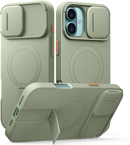 SURITCH for iPhone 16 Plus Case with Magnetic Camera Slide Cover and Adjustable Kickstand, Compatible with MagSafe, Shockproof Bumper Case Slim Protective Cover for iPhone 16 Plus 6.7 Inch, Green
