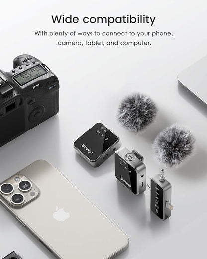 PQRQP 3 in 1 Microphone for iPhone/Android/Camera, Mini Microphone, 328ft Transmission, 18H Battery Life, Wireless Microphones Crystal-Clear Audio for Podcasting, Vlog, Streaming (Graphite Gray)