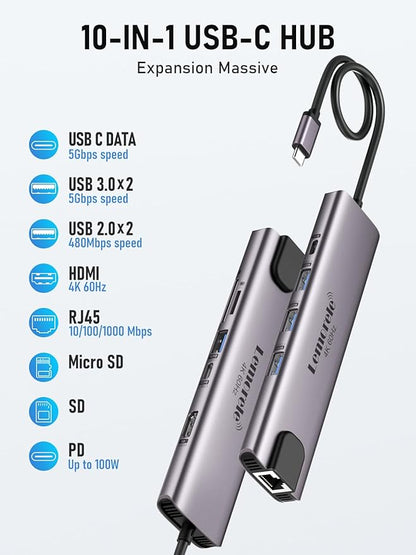 Lemorele USB C Hub Multiport Adapter 10-in-1 for MacBook Pro with HDMI 4K 60Hz, Gigabit Ethernet, 100W Power Delivery, 2 USB 3.0 Ports, SD/TF Card Reader, for HP/Dell/Lenovo Laptops