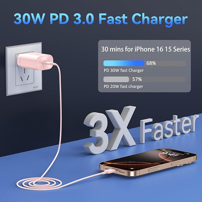Phone 17 16 15 Charger Fast Charging,30W USB C Phone 17 16 15 Pro Max Charger Block &6.6FT Long Type C Cable Cord for i.Phone 17/Air/17 Pro/17 Pro Max/16/16 Plus/16 Pro/16 Pro Max/15/15 Pro Max,Pink