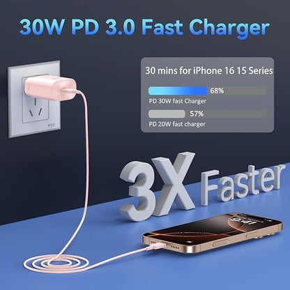Phone 17 16 15 Charger Fast Charging,30W USB C Phone 17 16 15 Pro Max Charger Block &6.6FT Long Type C Cable Cord for i.Phone 17/Air/17 Pro/17 Pro Max/16/16 Plus/16 Pro/16 Pro Max/15/15 Pro Max,Pink