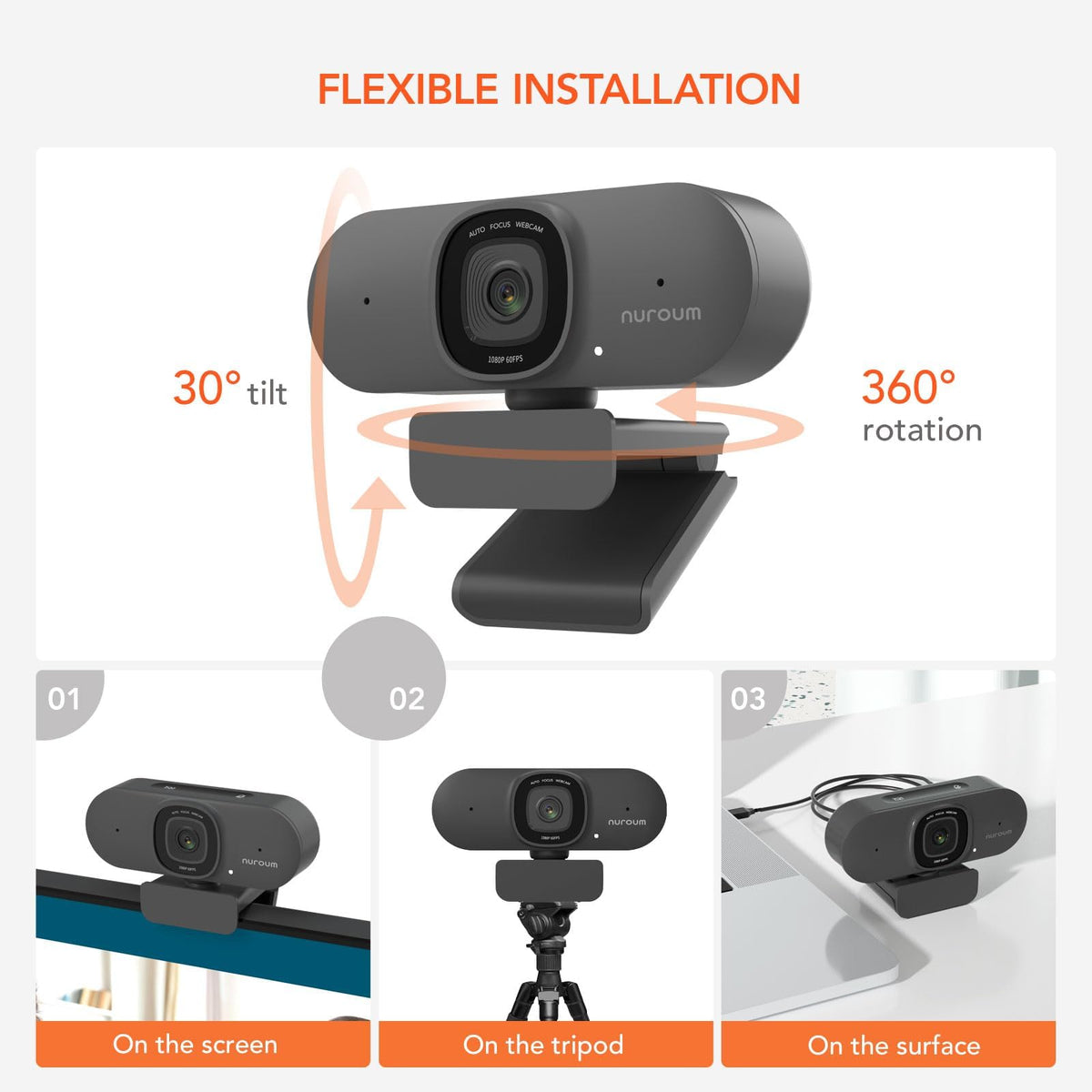 NUROUM V15AF 2K Webcam for PC, 1080P 60fps Autofocus HD Webcam with Dual Noise Cancelling Microphone, 75° FOV&Light Correction, USB Web Camera Plug&Play for Zoom/Teams,Grey