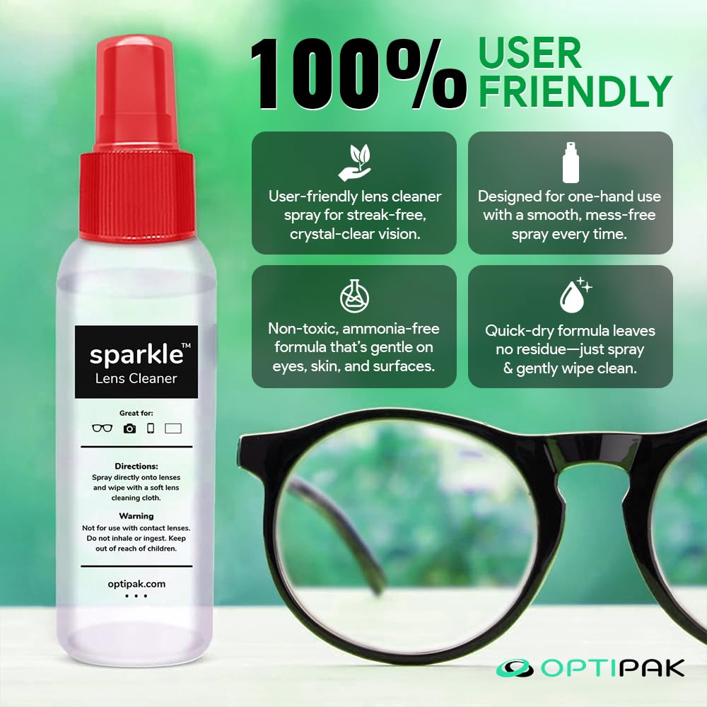 OPTIPAK Sparkle Anti-Reflective Lens Cleaner Spray kit | (1) 1oz Glasses Cleaner Spray + (1) Microfiber Cloth for Eyeglasses, Sunglasses, Lenses, Screens and Camera Cleaning Kit (2 Piece Set)