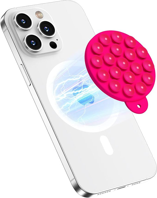 HSAOHD Magnetic Suction Cup Phone Mount, Compatible with MagSafe, Silicone Octo Cup Buddy Sticky Grip Holder for iPhone and Android, Removable Hands-Free Phone Stand Selfie/Video for TikTok, Neon Pink