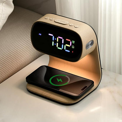 Digital Alarm Clock with Wireless Fast Charging Station 15W Touch Smart Lamp for Bedside,3 Colors Nightlight Adjustment Night Lamp for Living Room,Bedside,Heavy Sleepers (Woodgrain+Cable&Adapter)