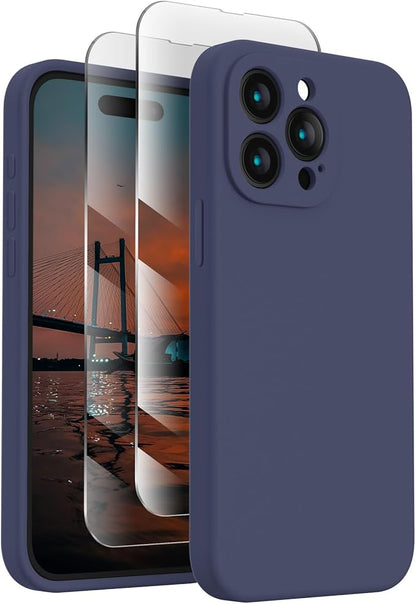 FireNova Designed for iPhone 15 Pro Max Case, Silicone Upgraded [Camera Protection] Phone Case with [2 Screen Protectors], Soft Anti-Scratch Microfiber Lining Inside, 6.7 inch, Navy Blue