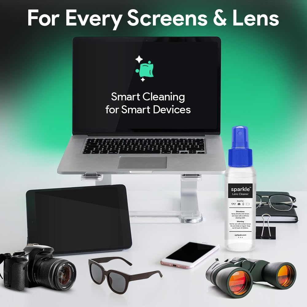 OPTIPAK Sparkle Anti-Reflective Lens Cleaner Spray kit | (1) 1oz Glasses Cleaner Spray + (1) Microfiber Cloth for Eyeglasses, Sunglasses, Lenses, Screens and Camera Cleaning Kit (2 Piece Set)