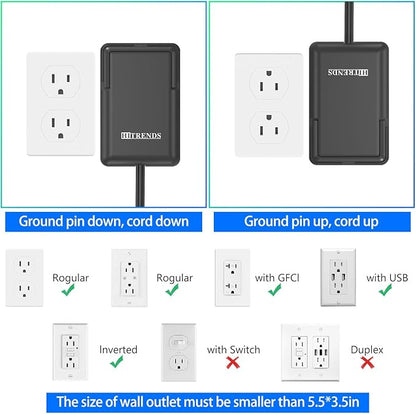 6FT Ultra Flat Plug Dual Extension Cord with 6 Outlets, Ultra-Thin Outlet Cover Power Bar, Outlet Concealer Universal Size Flat Plug Power Strip, Child & Pet Safe, 1625W, Black