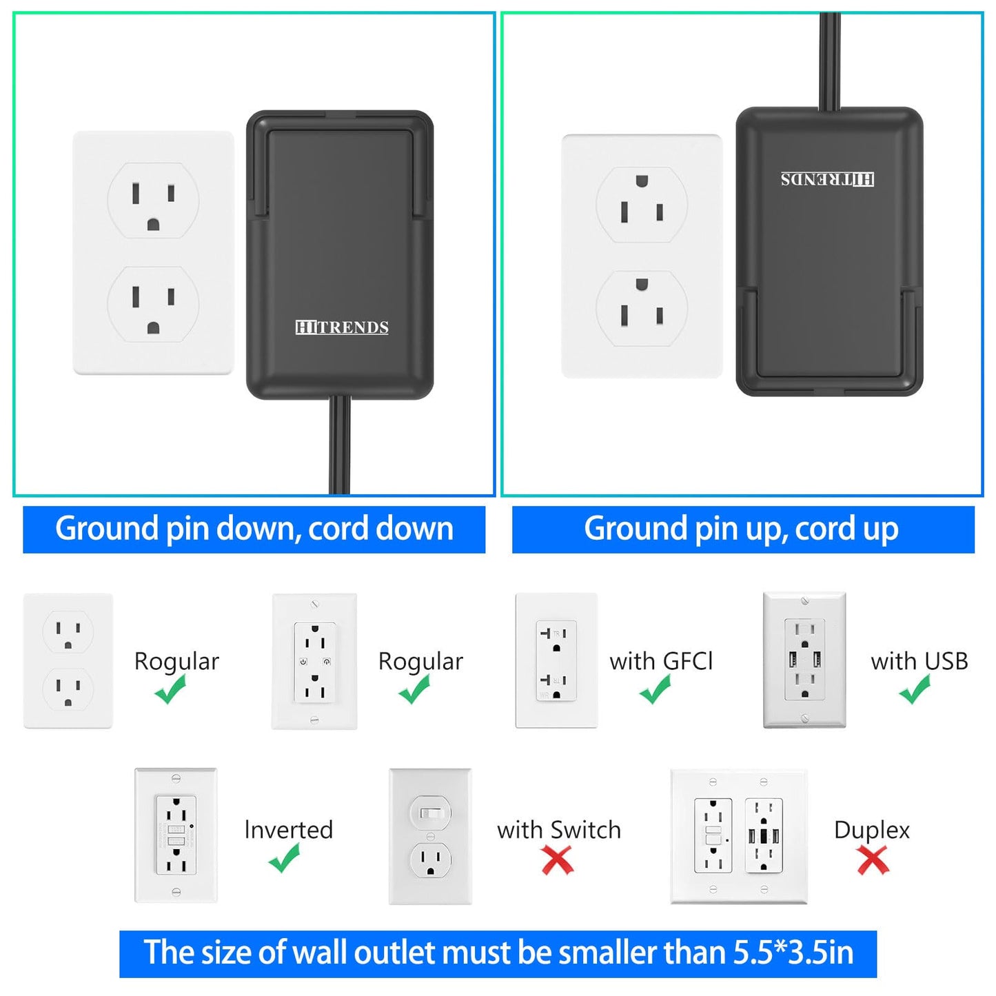 6ft Flat Plug Dual Extension Cord with 6 Outlets, Outlet Cover Extension Cord Flat Wall Plug, Pull Tab Design Outlet Extender, Flat Power Strip Outlet Concealer, Child & Pet Safe, 1875W, Black