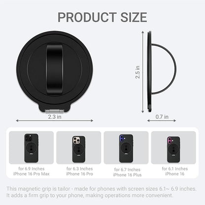 Grat 3 Upgraded Magnetic Phone Grip Stand, 360° Rotatable Silicone Strap Phone Loop Holder, Detachable Ring Kickstand Compatible with Magsafe iPhone 16 15 14 13 12 Pro/max, Black