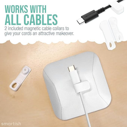Smartish® Magnetic Cord Holder - Cable Wrangler Organizer with Magnet Clips for Charger Management on Desktop, Nightstand, or Side Table for All Cables, USB-C, Lightning Cables - Snow Day White