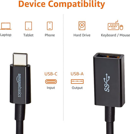 Amazon Basics USB 3.1 USB-C to USB-A Female Adapter Cable Converter, 5Gbps High-Speed, USB-IF Certified, for Laptops, Tablets, Phones (iPhone 16/15), Black