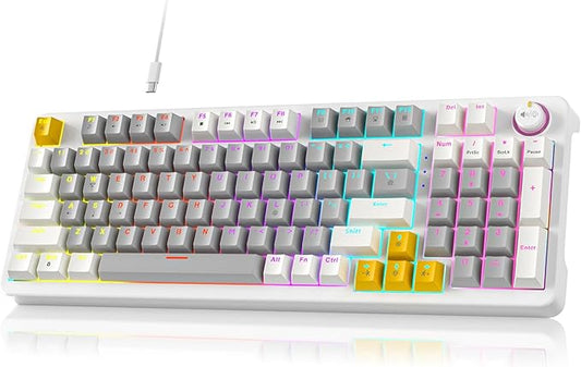 Meidosa AK96 Smart Mechanical Keyboard Gaming, 96 Keys Full Size with LED Colorful Backlit, Clicky Creamy Sounding, USB Wired Computer Keyboard with Volume Knob for PC, Mac, Windows(Grey)