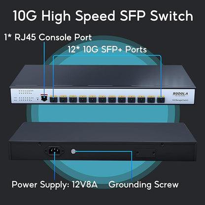 SODOLA 12 Port 10G SFP+ Smart Switch| L2/L3+ Smart Managed | DoS Attack Prevention | IPv6 | Static Routing | L2/L3QoS, IGMP & LAG | Limited Lifetime Protection Managed Ethernet Switch …