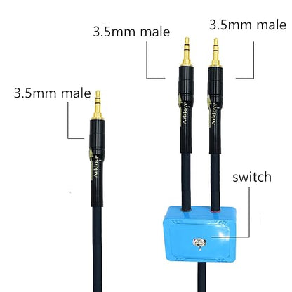 15ft Sound Channel swicher 1/8" aux Input 3.5mm Female to 2X 3.5 Output Switch Selector 2 in 1 Out R/L Stereo Audio 1 in 2 Out Stereo Audio Splitter with Phone pc Player