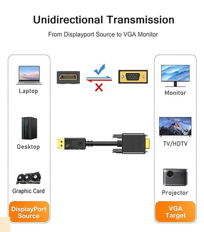 DisplayPort to VGA Cable 6FT, Display Port DP to VGA Adapter, 1080P@60Hz Video Cord from Laptop/Computer (DP) to Monitor/Projector (VGA), (Not Bidirectional, Not for HDMI or USB)