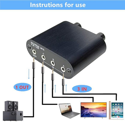 3.5mm Audio Switch with line Volume Controller, 3 in 1 Out 1/8" aux switcher Splitter selector Box, Mini Inline Headphone attenuator Volume Control knob -MC31