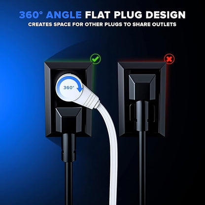 Maximm Cable 25 Ft 360° Rotating Flat Plug Extension Cord/Wire, 16 AWG Multi 3 Outlet Extension Wire, 3 Prong Grounded Wire - White - UL Certified
