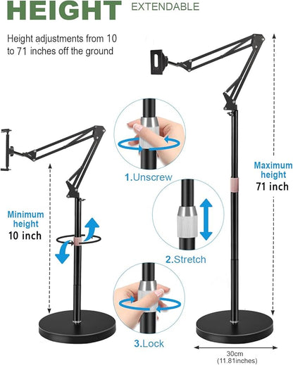 Tablet Floor Stand, Overhead Bed Phone Stand with 8.8 lb Super Stable Base & Angle/Height Adjustable, Compatible with 4.5''-13'' iPhone, iPad Pro 12.9, Galaxy Tab, Kindle, Phones
