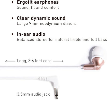 Panasonic ErgoFit Wired Earbuds, 3.5mm Jack In-Ear Headphones Wired with Dynamic Crystal-Clear Sound and Soft Ergonomic Custom-Fit Earpieces (S/M/L), for Phones and Laptops - RP-HJE120-N (Rose Gold)