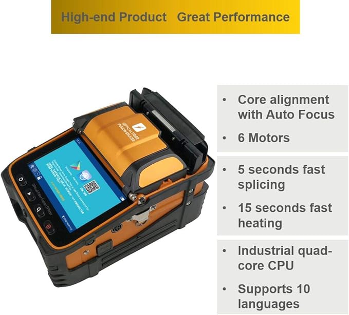 AI-9 Fiber Fusion Splicer Machine with Tutorial Videos Fusion Splicer Fiber Optic Core Alignment with Automatic Focus and 6 Motors for Trunk Line Construction, FTTH and Cable Splicing Projects