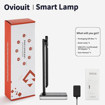 LED Desk Lamp with Charger, USB Charging Port, Dual Swing Arm Desk Light with 5 Brightness, 3 Colors, Table Lamp with Clock, Alarm, Date, Temperature, Desk Lamp for Home Office Study (Black)