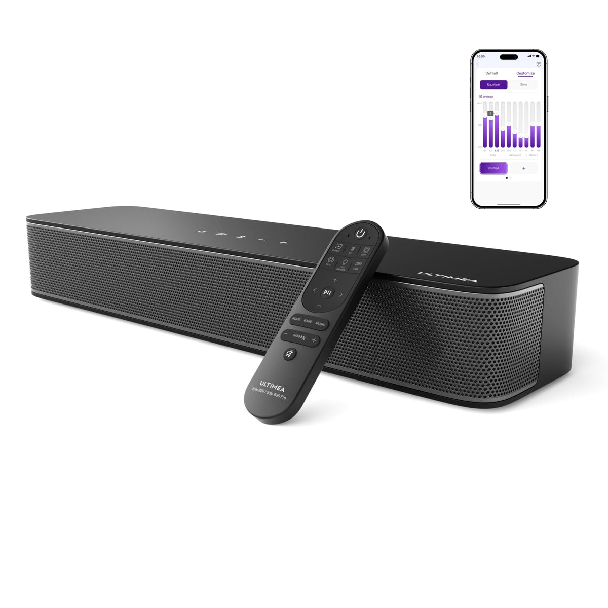 ULTIMEA 2.1ch Compact Sound Bar for TV, Built-in Subwoofer, APP Control, Peak Power 120W, All-in-one PC Sound bar for Game, 16 Inches Bluetooth 5.3 TV Sound Bar, Opt/AUX/Wall Mount, Solo B30 Pro