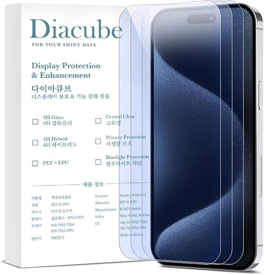 Diacube 3-Pack Anti-Blue Light Matte Screen Protector For iPhone 15 Pro [Support Fingerprint Unlock] Anti-Glare, Anti-Fingerprint [Eye Protection] Bubble-Free Installation with Alignment Jig