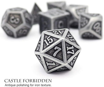 Haxtec Antique Iron Metal DND Dice Set Silver D&D Polyhedral Dice W/PU Leather Dice Bag Compatible with Dungeons and Dragons Gift TTRPG