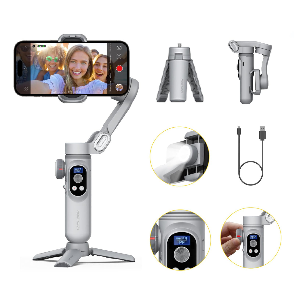 AOCHUAN iPhone Gimbal, 3-Axis Gimbal Stabilizer for Smartphone w/RGB Magnetic Fill Light Portable with Fous/Zoom Wheel for Vlog, Compatible with iPhone 15 Pro Max/Android-Smart X Pro Kit Gray