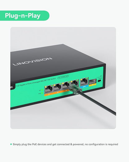 LINOVISION 4 Ports Full Gigabit PoE++ Switch, Built-in 96W Power, All 4 Ports Support BT 90W, Sufficient Power for All IEEE 802.3 af/at/bt PoE Devices, Including PTZ Cameras, AP and PoE Light