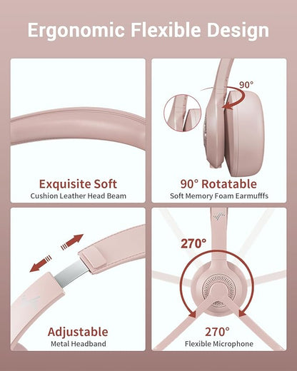 Wireless Headset with AI Noise Cancelling Microphone Bluetooth Headset - Bluetooth V5.2 Headphones with USB Dongle, Charging Base & Mic Mute for Computer/Laptop/PC/iPhone/Android/Cell Phones (Pink)