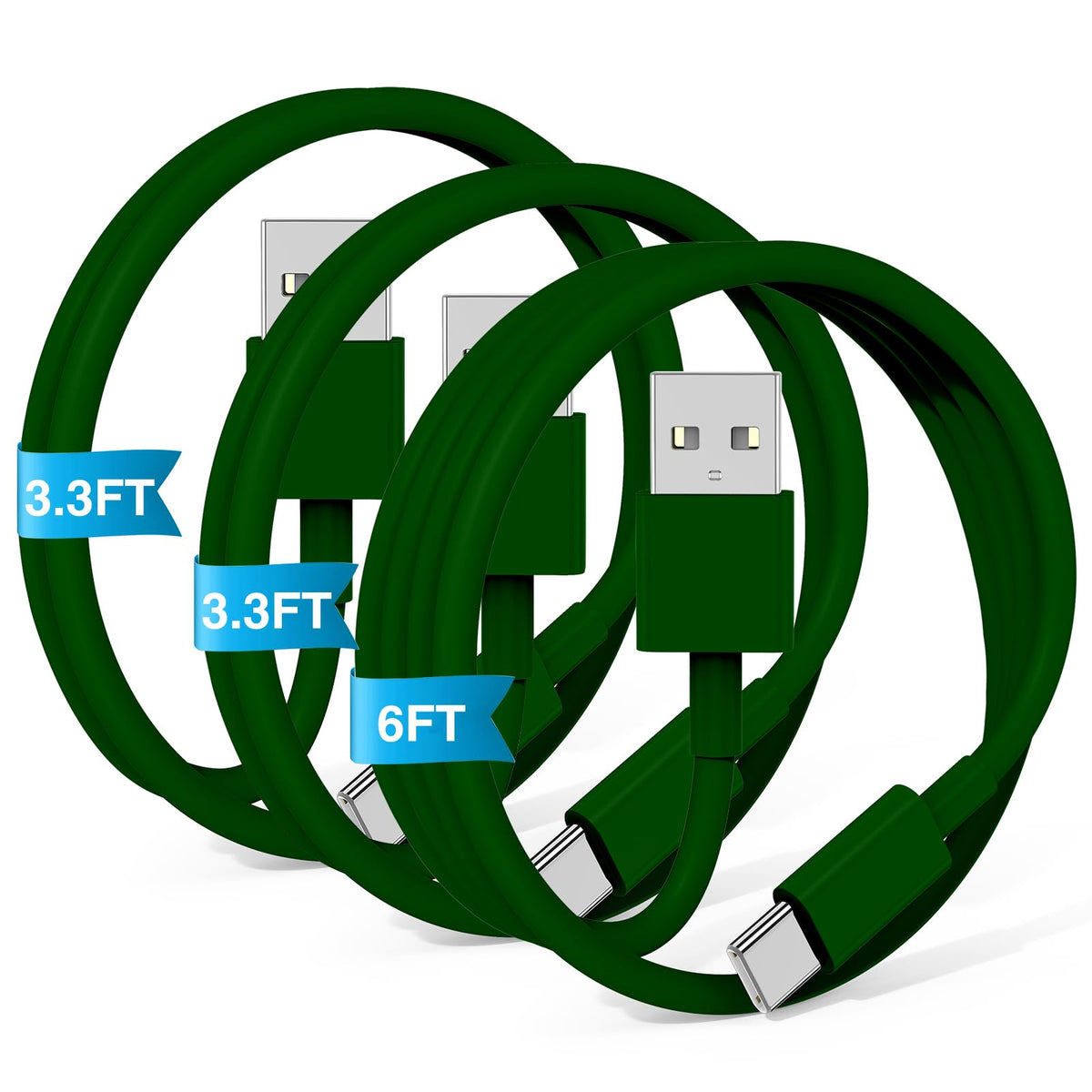 JERMASAL 3-Pack Blue [3.3FT+3.3FT+6FT] USB A to USB C Cable, Compatible with iPhone 15/16, iPad, Samsung, MacBook, PS5 and More, Fast Charging, Carplay Cable