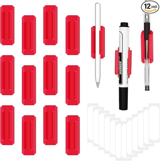 12 Pack Pen Holder for Desk, Silicone Pencil Holder with 12 Extra Adhesive Stickers, Adhesive Pen Holder & Marker Clip for Classroom Office Desk or Any Surface, Teacher Accessories Supplies (Red)