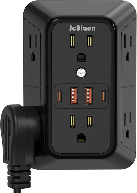 USB Wall Charger Power Strip Surge Protector with 4 USB Ports (2 USB C) Plug Extension Multiple Outlets Plug Extension in Adapter Spaced Outlets for Home Office Travel,White (Black)-ETL